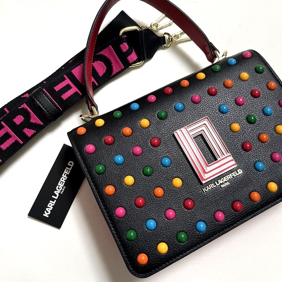 NWT Original $230 Karl Lagerfeld Paris Simone Flap Top Handle Crossbody Studded - Picture 2 of 11